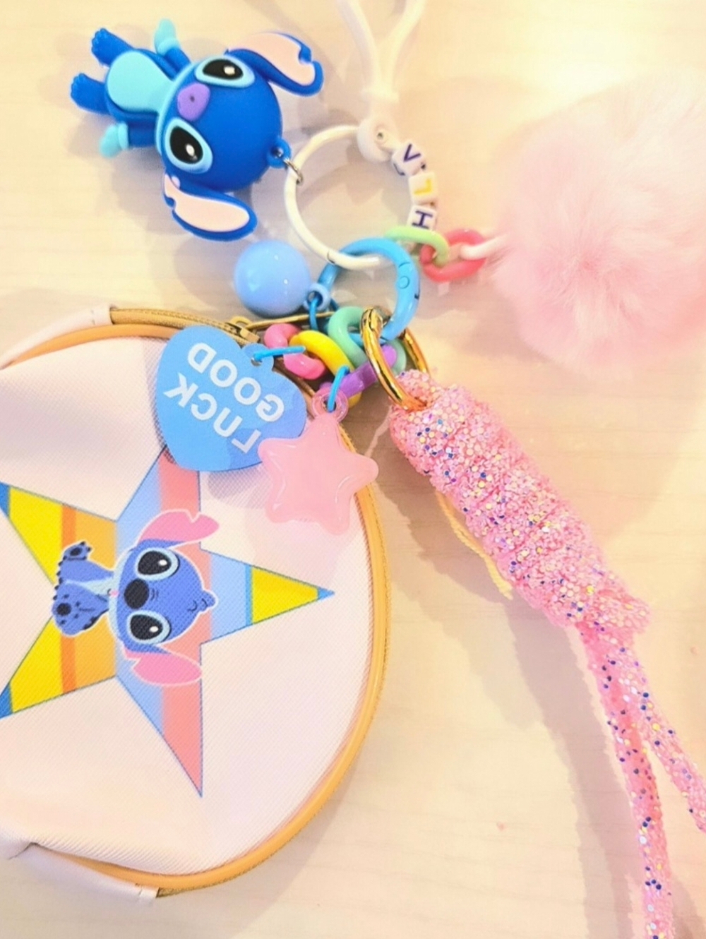 Cute Blue Stitch Star Keychain Bunch with Pink Glitter Tassel